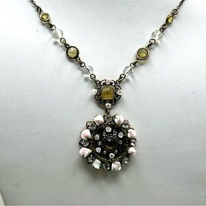 Vintage Cookie Lee Porcelain Rose & Crystal Statement Necklace